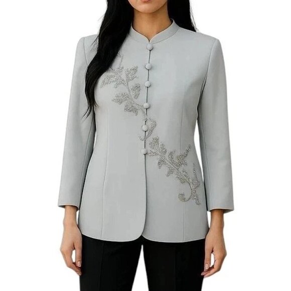 Le Suit Blazer Size 8P Long Embellished Beaded Sparkle Loop Buttons Mint Green - Picture 1 of 11